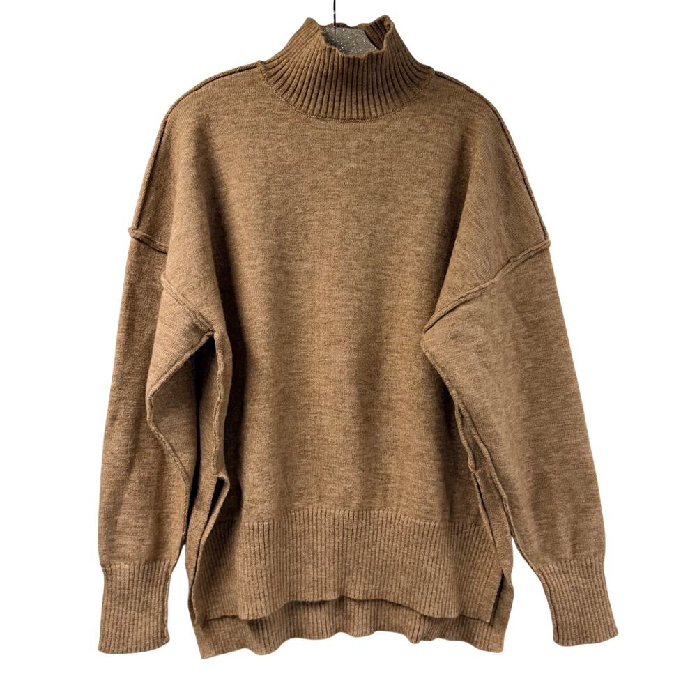 Commense Turtleneck Side Slit Casual Sweater Tan Camel Medium Soft Knit